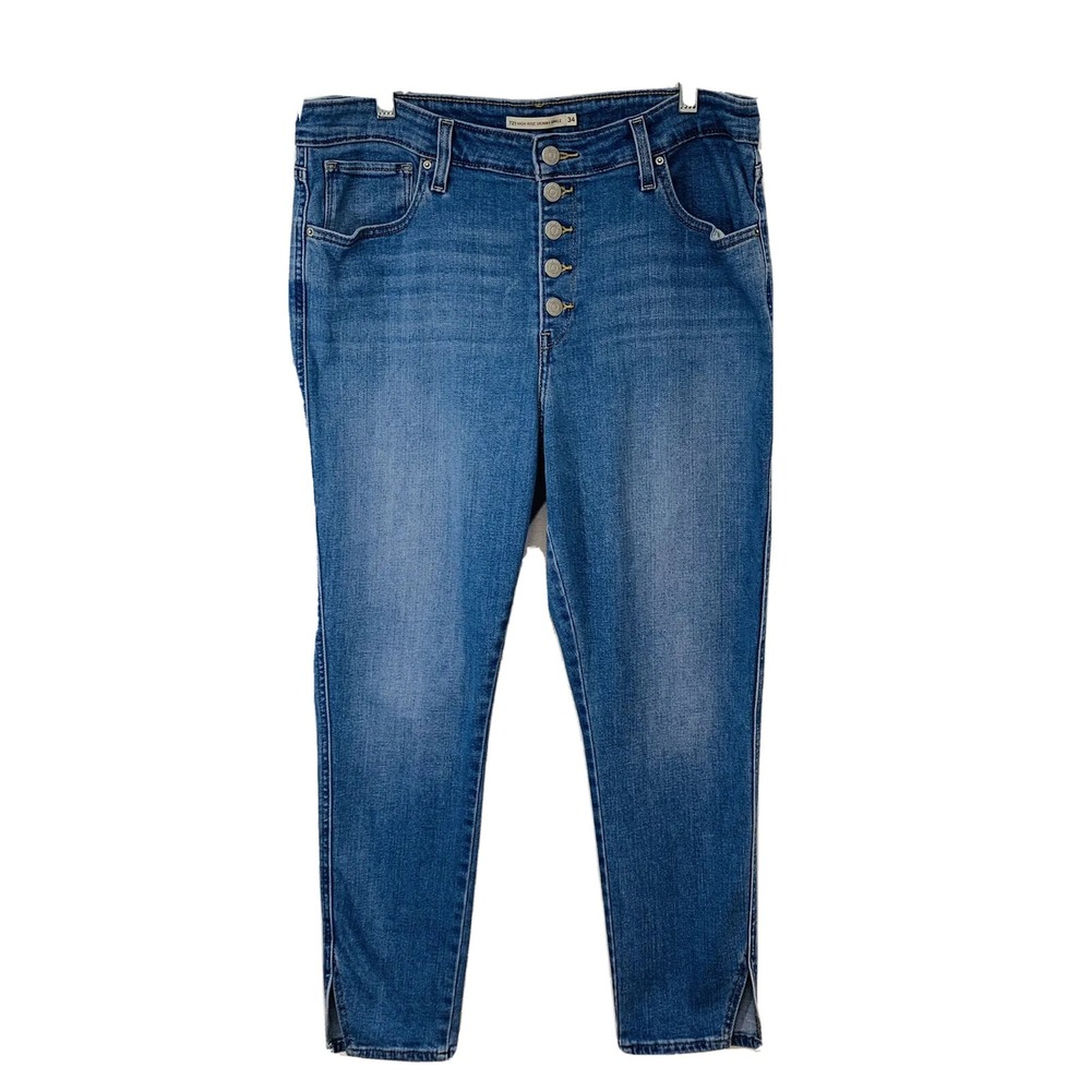 Levis‎ 721 Jeans Woman 34 High Rise Skinny Exposed Button Fly Taper Ankle Slit
